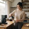 電動コーヒーメーカーで朝のコーヒーを淹れる日本人女性の使用イメージ