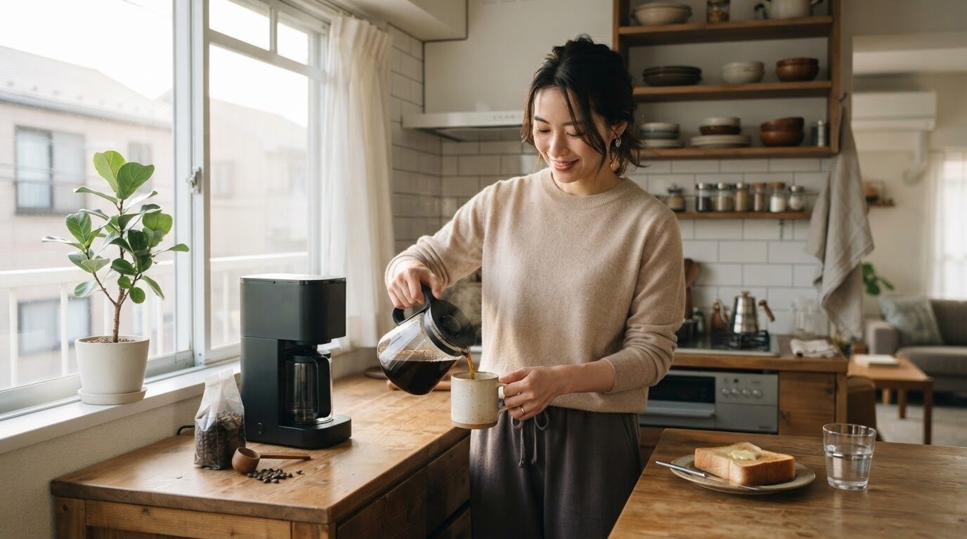 電動コーヒーメーカーで朝のコーヒーを淹れる日本人女性の使用イメージ