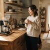 朝のキッチンで電動コーヒーメーカーと過ごす朝の時間