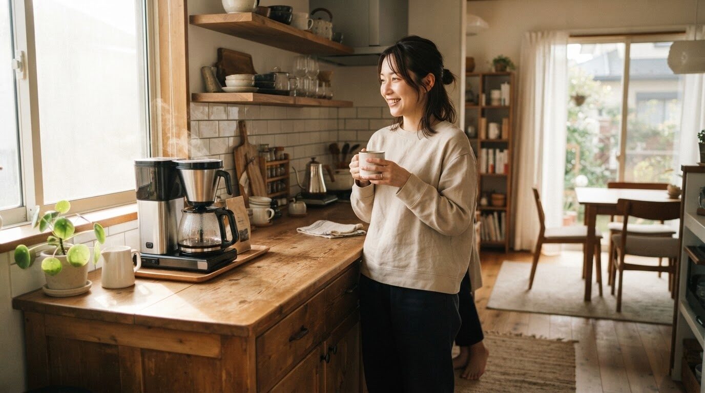 朝のキッチンで電動コーヒーメーカーと過ごす朝の時間