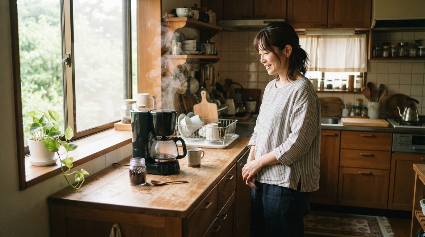 電動コーヒーメーカーで朝のコーヒーを淹れる日本人女性のキッチン風景
