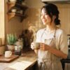 朝日が差し込む明るいキッチンで淹れたてのコーヒーを両手で持つ日本人女性。