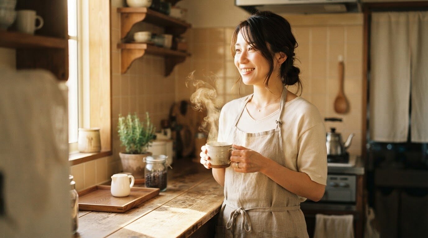 朝日が差し込む明るいキッチンで淹れたてのコーヒーを両手で持つ日本人女性。