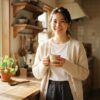 朝の光が差し込む明るいキッチンで、抽出コーヒーの入ったカップを両手で持ち、穏やかに微笑む日本人女性のリラックスした朝のひととき。