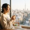 朝の阳光の中で温かいコーヒーを楽しむ日本人女性のライフスタイル写真。キューリグコーヒーの朝の淹れたてシーンを表現。