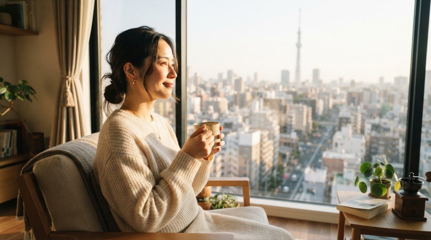 朝の阳光の中で温かいコーヒーを楽しむ日本人女性のライフスタイル写真。キューリグコーヒーの朝の淹れたてシーンを表現。