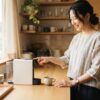 朝のキッチンで電動コーヒーメーカーを始める女性の風景