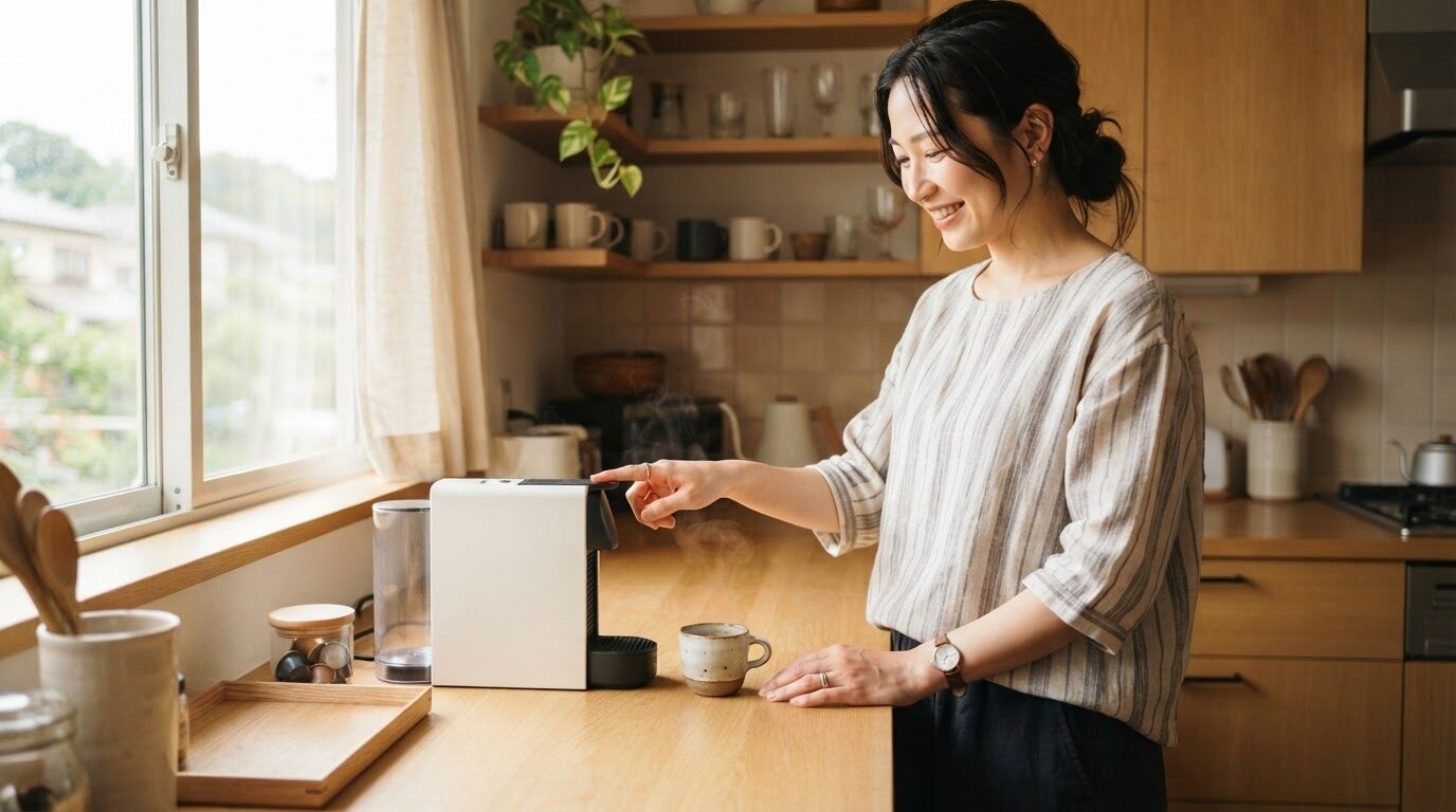 朝のキッチンで電動コーヒーメーカーを始める女性の風景
