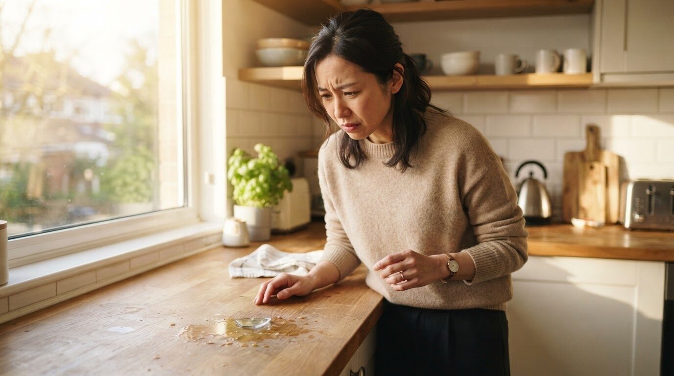 朝のキッチンで割れたガラス片を見つめる日本人女性。ティファールコーヒーメーカーのポット破損に気づく瞬間の落ち着いた表情