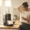 朝、キッチンで突然コーヒーメーカーが動かず困る日本人女性の様子。故障診断の第一歩を示すアイキャッチ画像。