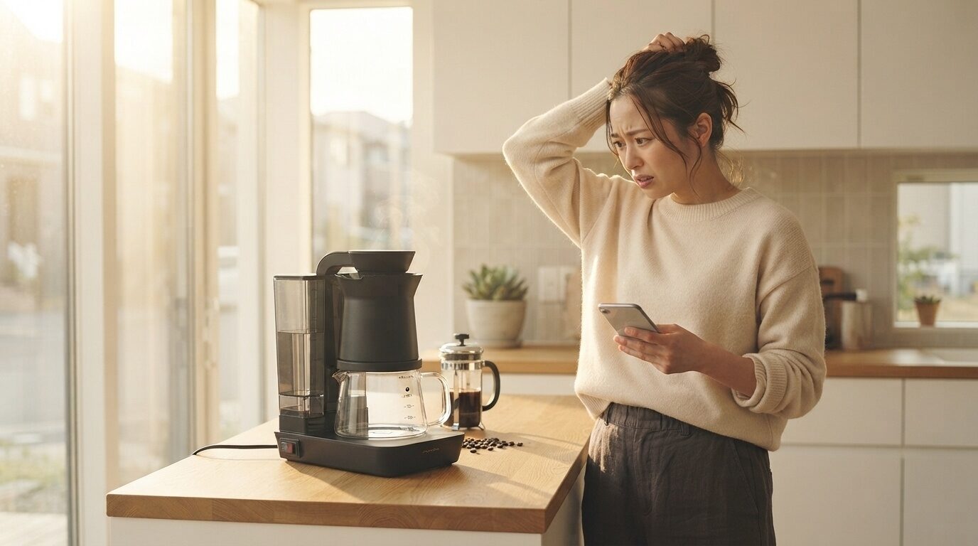 朝、キッチンで突然コーヒーメーカーが動かず困る日本人女性の様子。故障診断の第一歩を示すアイキャッチ画像。