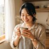 朝の日差しに包まれた明るいキッチンで、両手で湯気の立つコーヒーを楽しむ日本人女性の朝のコーヒータイム