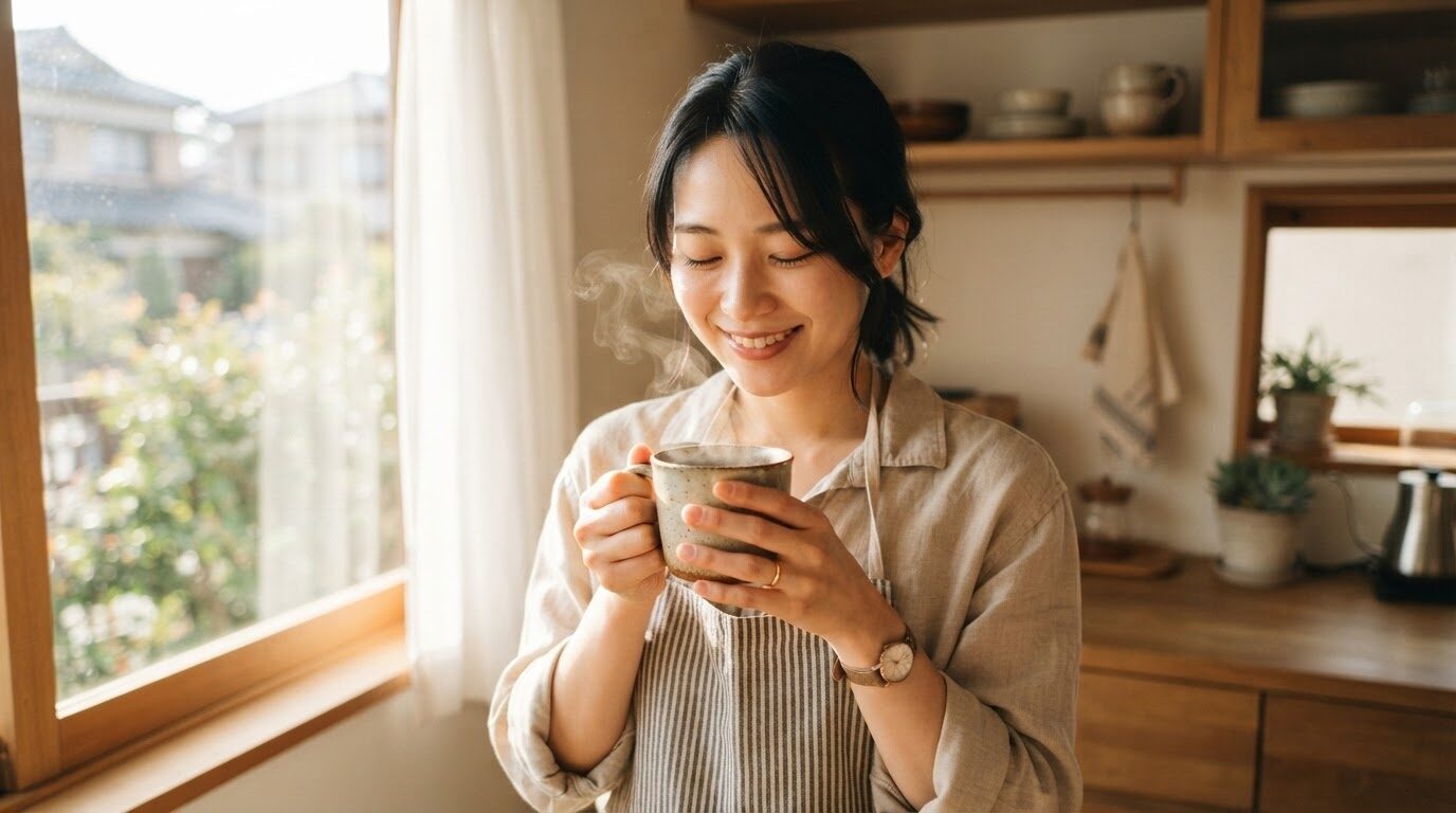 朝の日差しに包まれた明るいキッチンで、両手で湯気の立つコーヒーを楽しむ日本人女性の朝のコーヒータイム