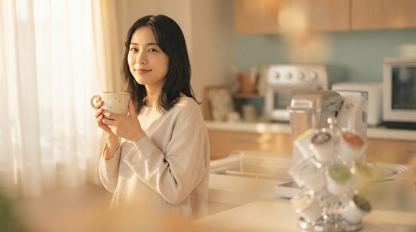 朝の光が差し込む明るいキッチンでマグカップを手にリラックスした笑顔の日本人女性。背景にキューリグのコーヒーメーカーがわずかに見えるライフスタイル写真。
