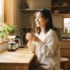 朝日が差し込む明るいキッチンで挽きたてのコーヒーを楽しむ日本人女性の朝のひととき