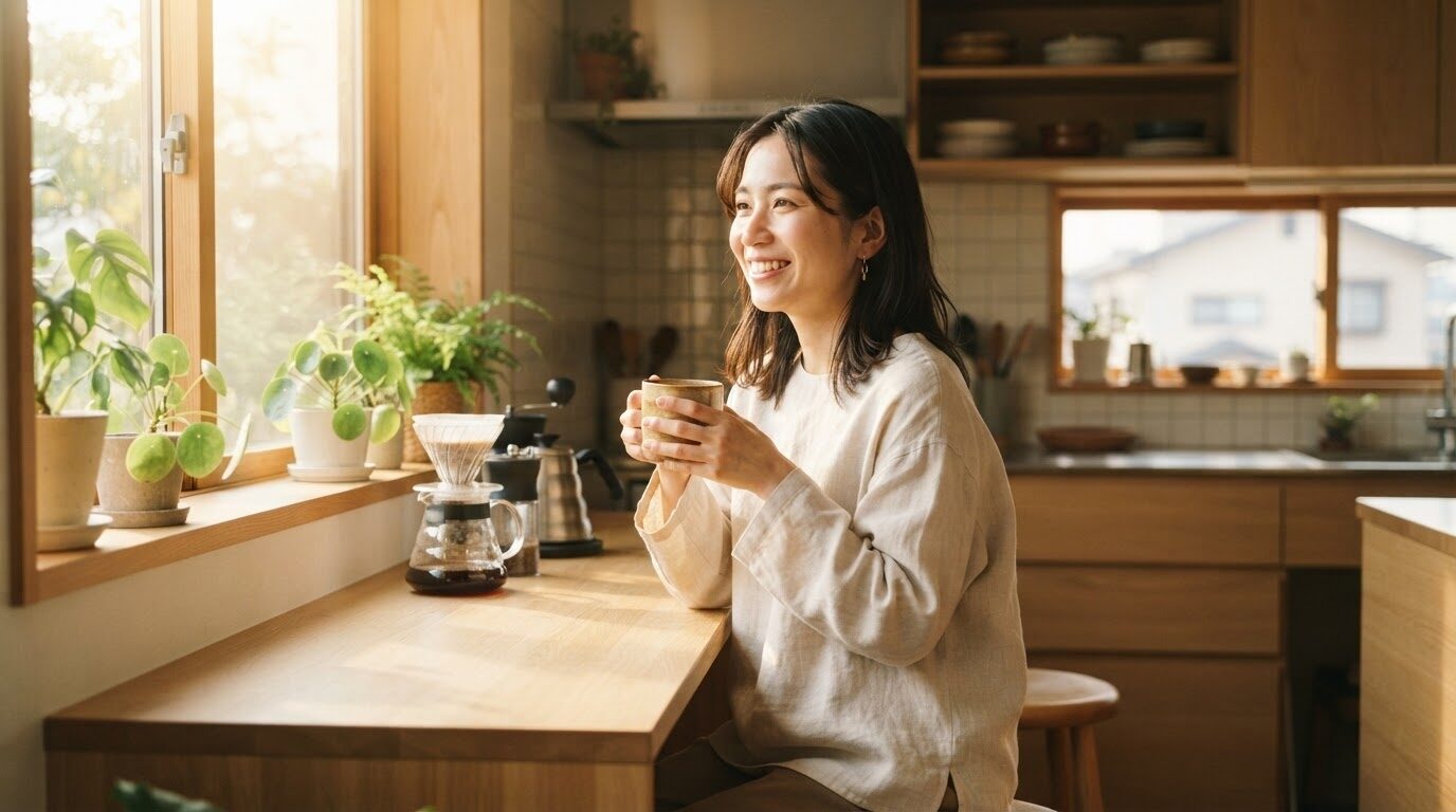 朝日が差し込む明るいキッチンで挽きたてのコーヒーを楽しむ日本人女性の朝のひととき