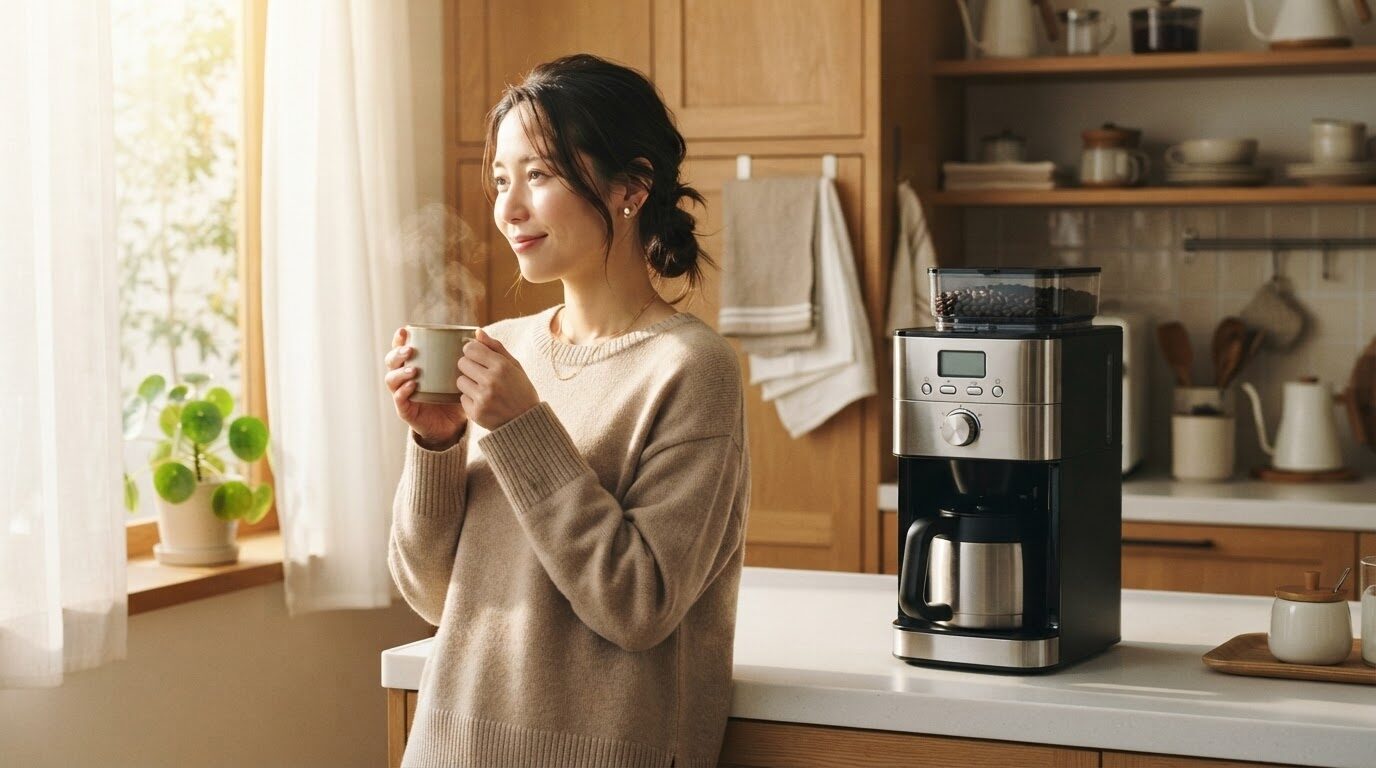朝の明るいキッチンで電動コーヒーメーカーから淹れたコーヒーを楽しむ日本人女性の生活風景