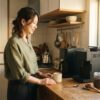 朝のキッチンで2台の電動コーヒーメーカーを並べて比較する女性の使用イメージ