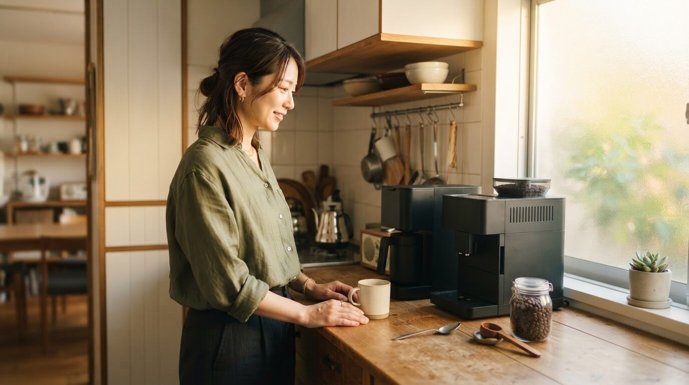 朝のキッチンで2台の電動コーヒーメーカーを並べて比較する女性の使用イメージ