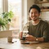 朝陽の差す明るいキッチンで、淹れたてコーヒーの湯気を立てるガラスサーバーを両手で優しく包み込む日本人の男性。