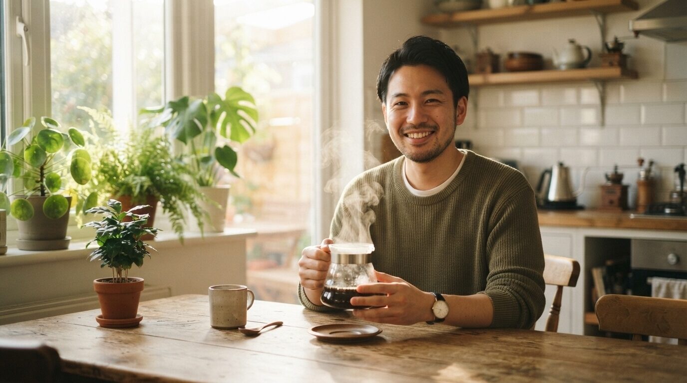 朝陽の差す明るいキッチンで、淹れたてコーヒーの湯気を立てるガラスサーバーを両手で優しく包み込む日本人の男性。