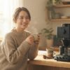 朝のキッチンカウンターで淹れたてのコーヒーを楽しむ日本人女性。