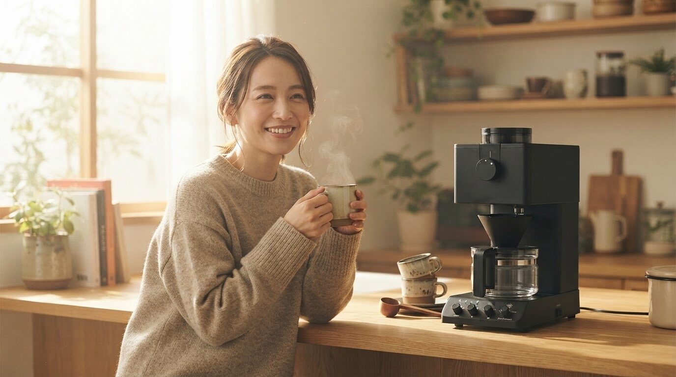 朝のキッチンカウンターで淹れたてのコーヒーを楽しむ日本人女性。