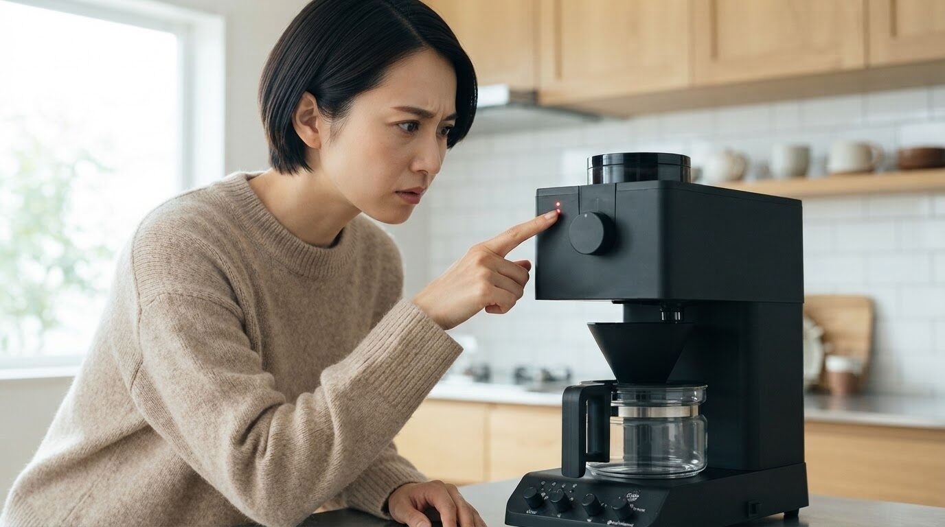 CM-D457のLEDインジケーターを真剣な表情で確認する日本人女性のトラブル診断シーン。