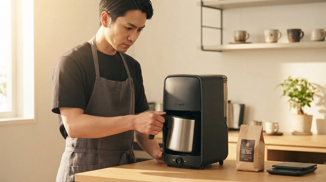 タイガーADC-A060コーヒーメーカー本体にステンレスサーバーを慎重に設置する日本人男性愛好家。朝の光に包まれた信頼感のあるキッチンシーン。