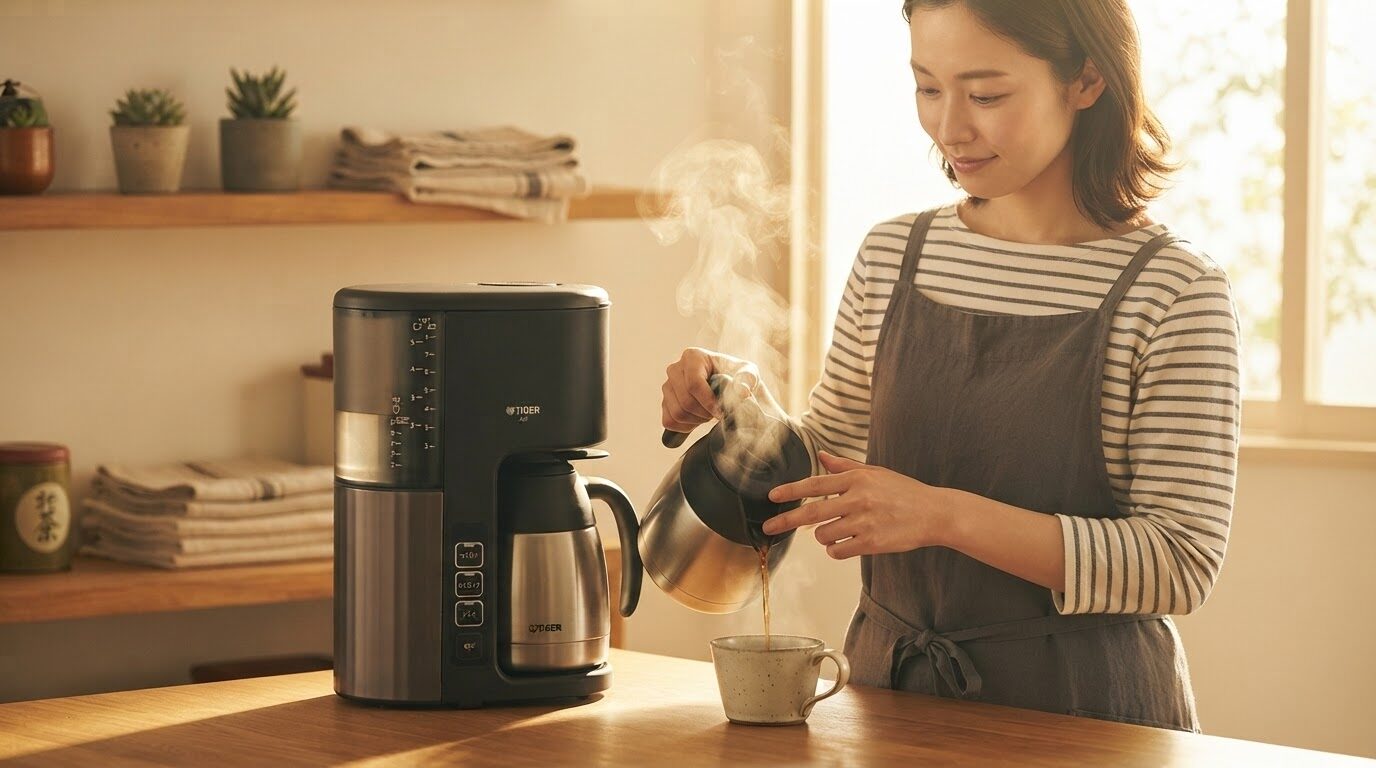 朝の日差しが入るキッチンで、湯気の立つコーヒーメーカーを眺めながら挽きたてのコーヒーを味わう日本人女性の笑顔