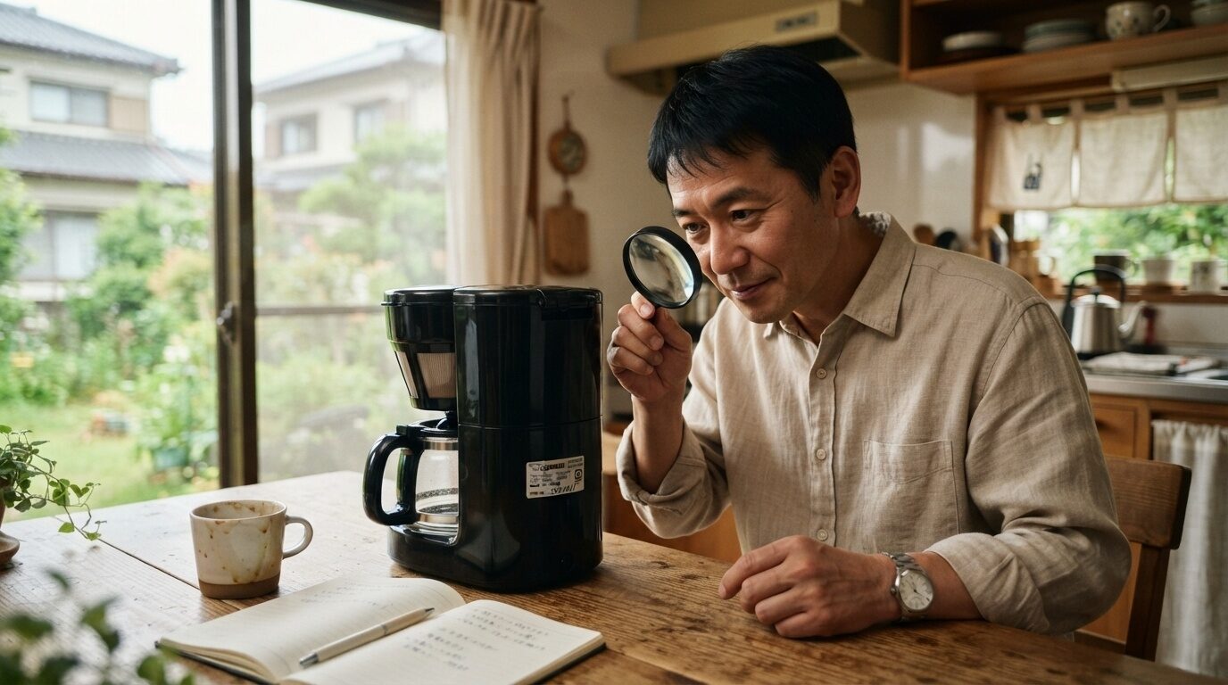 朝の日差しが入る日本のキッチンで、男性が象印コーヒーメーカーの型番ラベルを虫眼鏡で確認している様子。