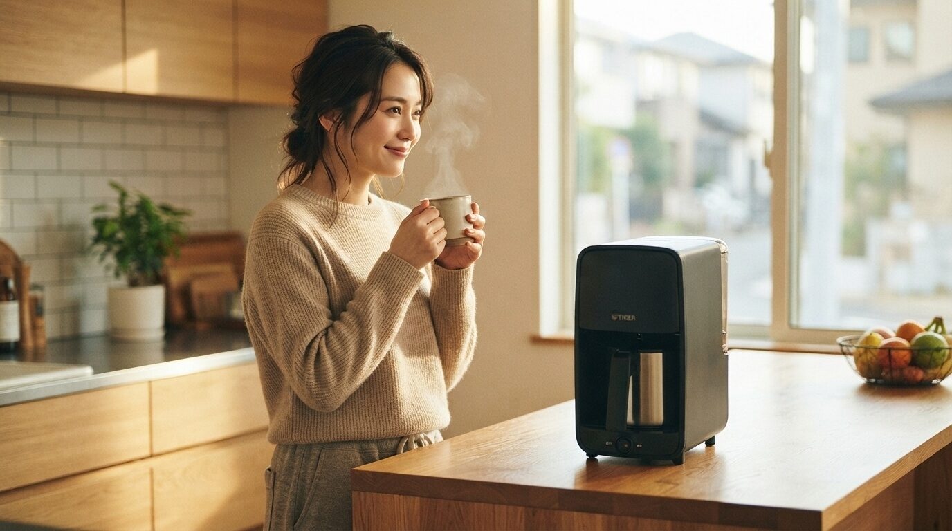 朝の日差しが差し込むキッチンで、Tigerコーヒーメーカーを背景に、淹れたてのコーヒーを両手で持ち満足げに微笑む日本人女性。